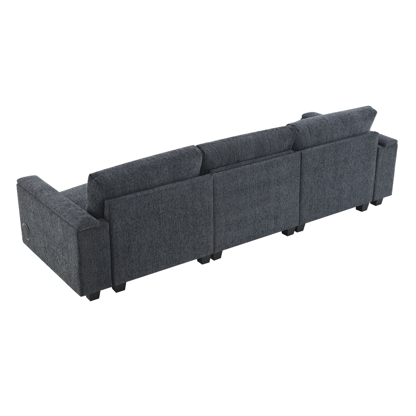 Canapé sectionnel moderne en chenille avec table rabattable, haut-parleurs Bluetooth, chargeur USB, porte-gobelets et rangement dissimulé pour les accoudoirs