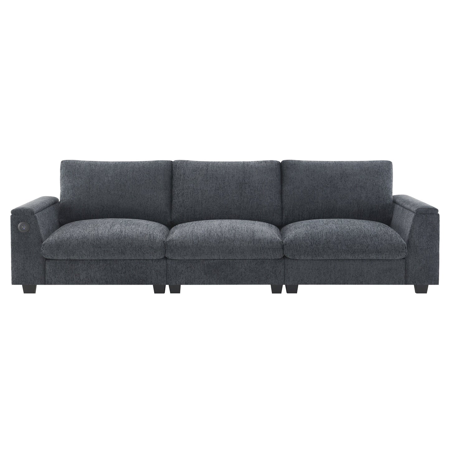 Canapé sectionnel moderne en chenille avec table rabattable, haut-parleurs Bluetooth, chargeur USB, porte-gobelets et rangement dissimulé pour les accoudoirs