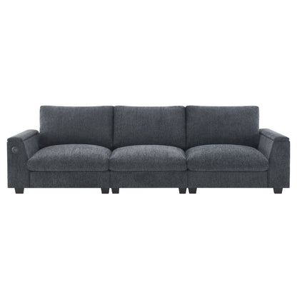 Canapé sectionnel moderne en chenille avec table rabattable, haut-parleurs Bluetooth, chargeur USB, porte-gobelets et rangement dissimulé pour les accoudoirs