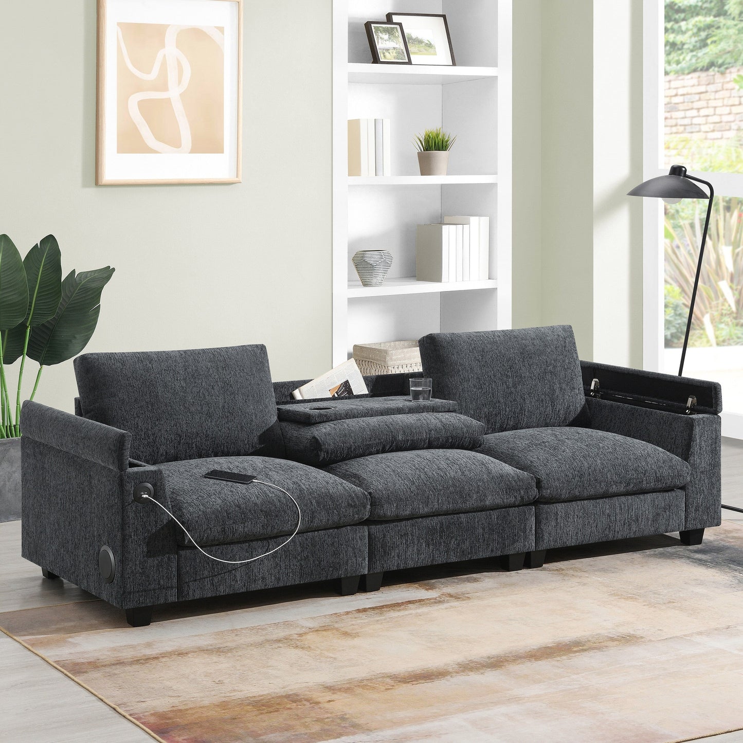 Canapé sectionnel moderne en chenille avec table rabattable, haut-parleurs Bluetooth, chargeur USB, porte-gobelets et rangement dissimulé pour les accoudoirs