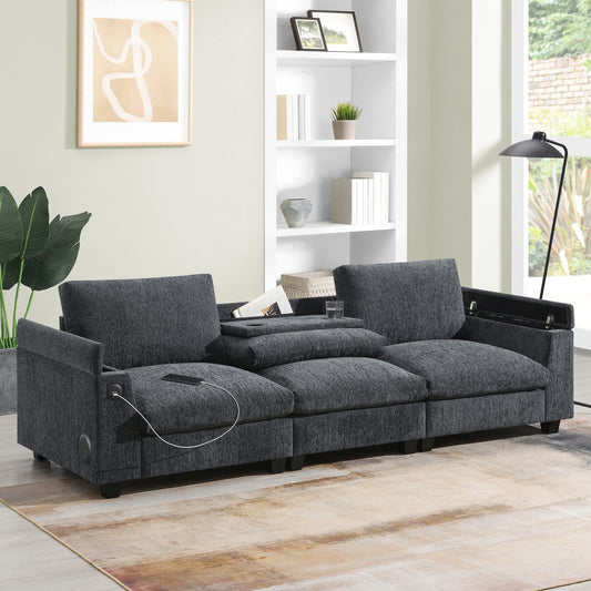 Canapé sectionnel moderne en chenille avec table rabattable, haut-parleurs Bluetooth, chargeur USB, porte-gobelets et rangement dissimulé pour les accoudoirs