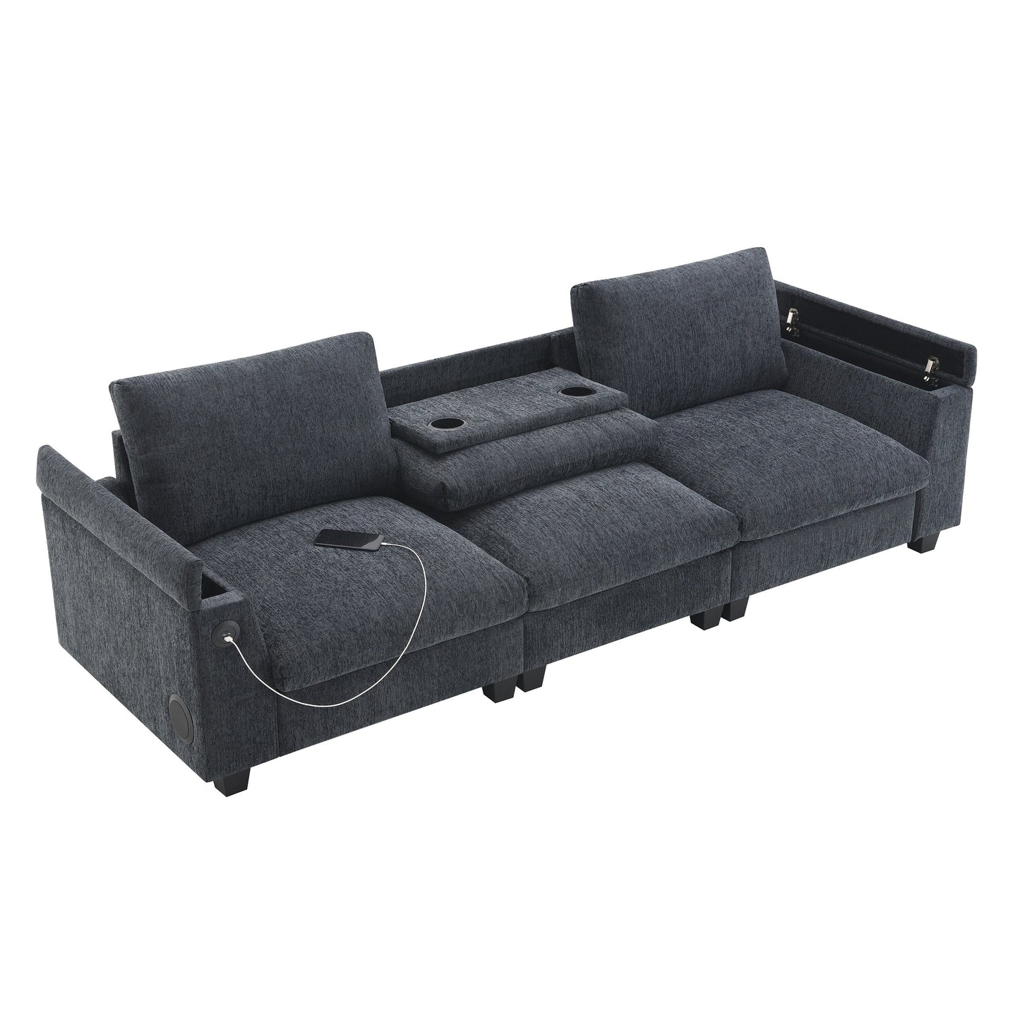 Canapé sectionnel moderne en chenille avec table rabattable, haut-parleurs Bluetooth, chargeur USB, porte-gobelets et rangement dissimulé pour les accoudoirs