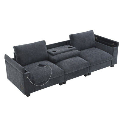 Canapé sectionnel moderne en chenille avec table rabattable, haut-parleurs Bluetooth, chargeur USB, porte-gobelets et rangement dissimulé pour les accoudoirs