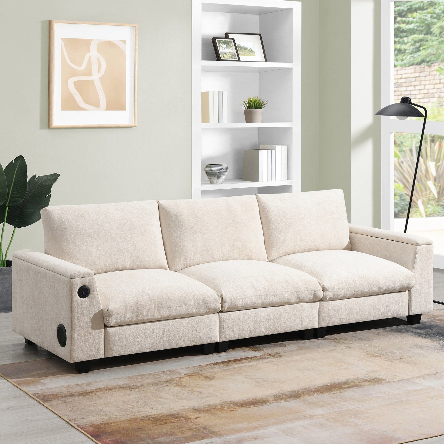 Canapé sectionnel moderne en chenille avec table rabattable, haut-parleurs Bluetooth, chargeur USB, porte-gobelets et rangement dissimulé pour les accoudoirs