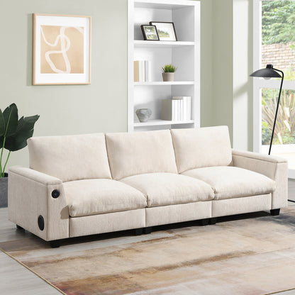 Canapé sectionnel moderne en chenille avec table rabattable, haut-parleurs Bluetooth, chargeur USB, porte-gobelets et rangement dissimulé pour les accoudoirs