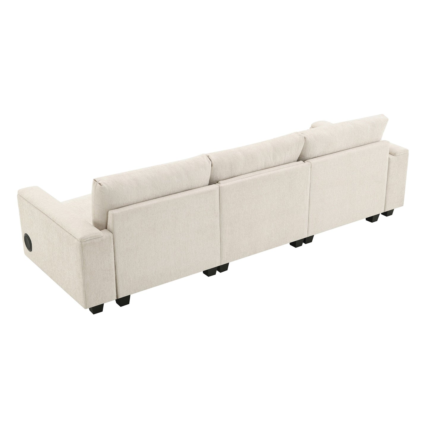 Canapé sectionnel moderne en chenille avec table rabattable, haut-parleurs Bluetooth, chargeur USB, porte-gobelets et rangement dissimulé pour les accoudoirs