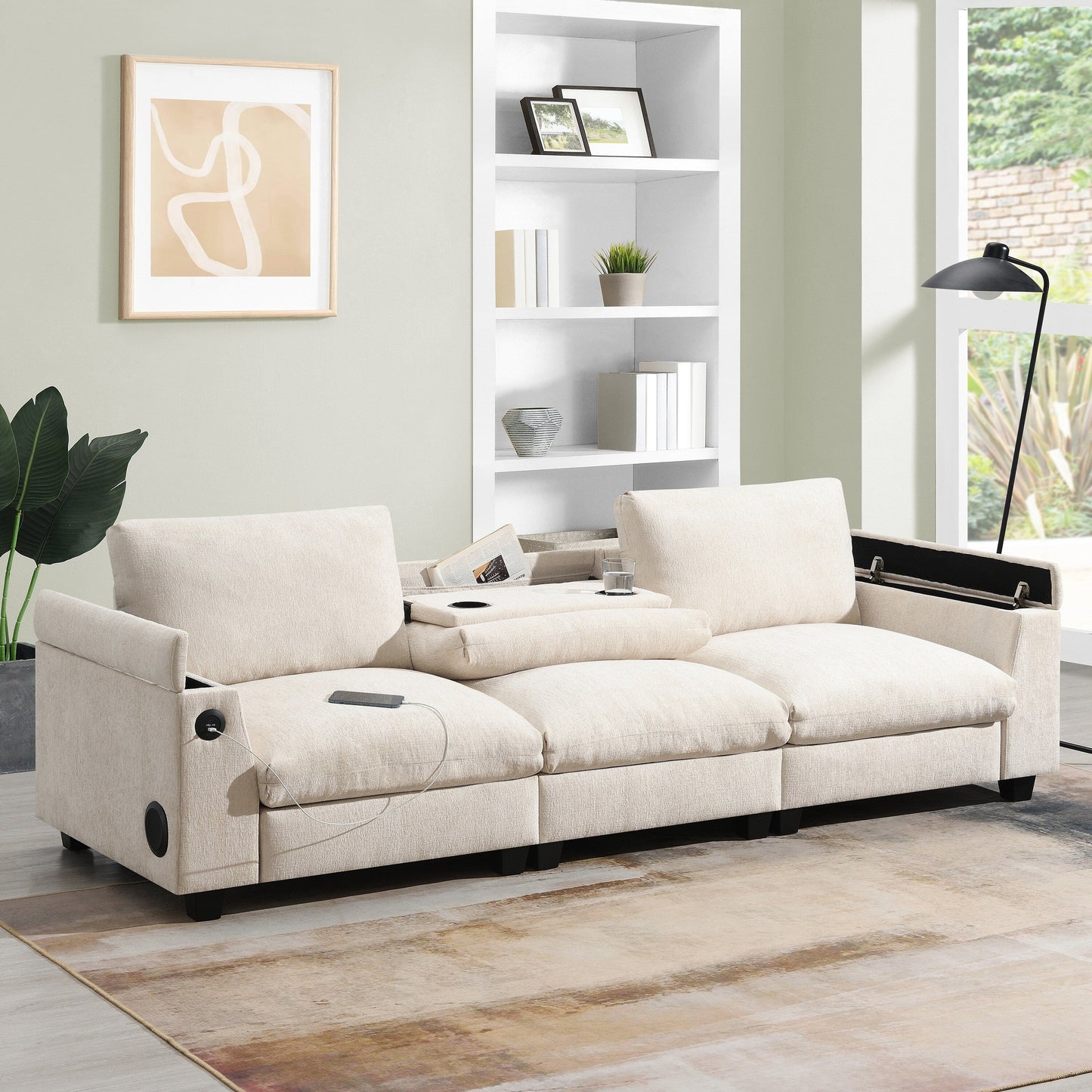 Canapé sectionnel moderne en chenille avec table rabattable, haut-parleurs Bluetooth, chargeur USB, porte-gobelets et rangement dissimulé pour les accoudoirs