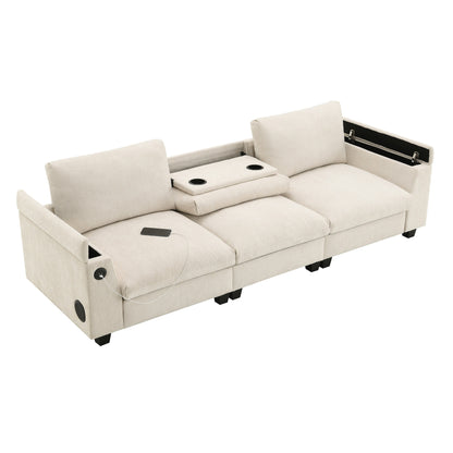 Canapé sectionnel moderne en chenille avec table rabattable, haut-parleurs Bluetooth, chargeur USB, porte-gobelets et rangement dissimulé pour les accoudoirs