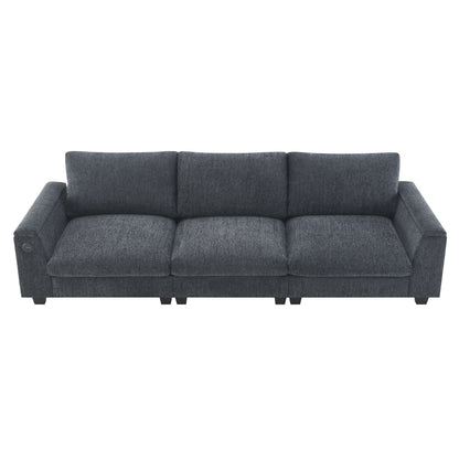 Canapé sectionnel moderne en chenille avec table rabattable, haut-parleurs Bluetooth, chargeur USB, porte-gobelets et rangement dissimulé pour les accoudoirs