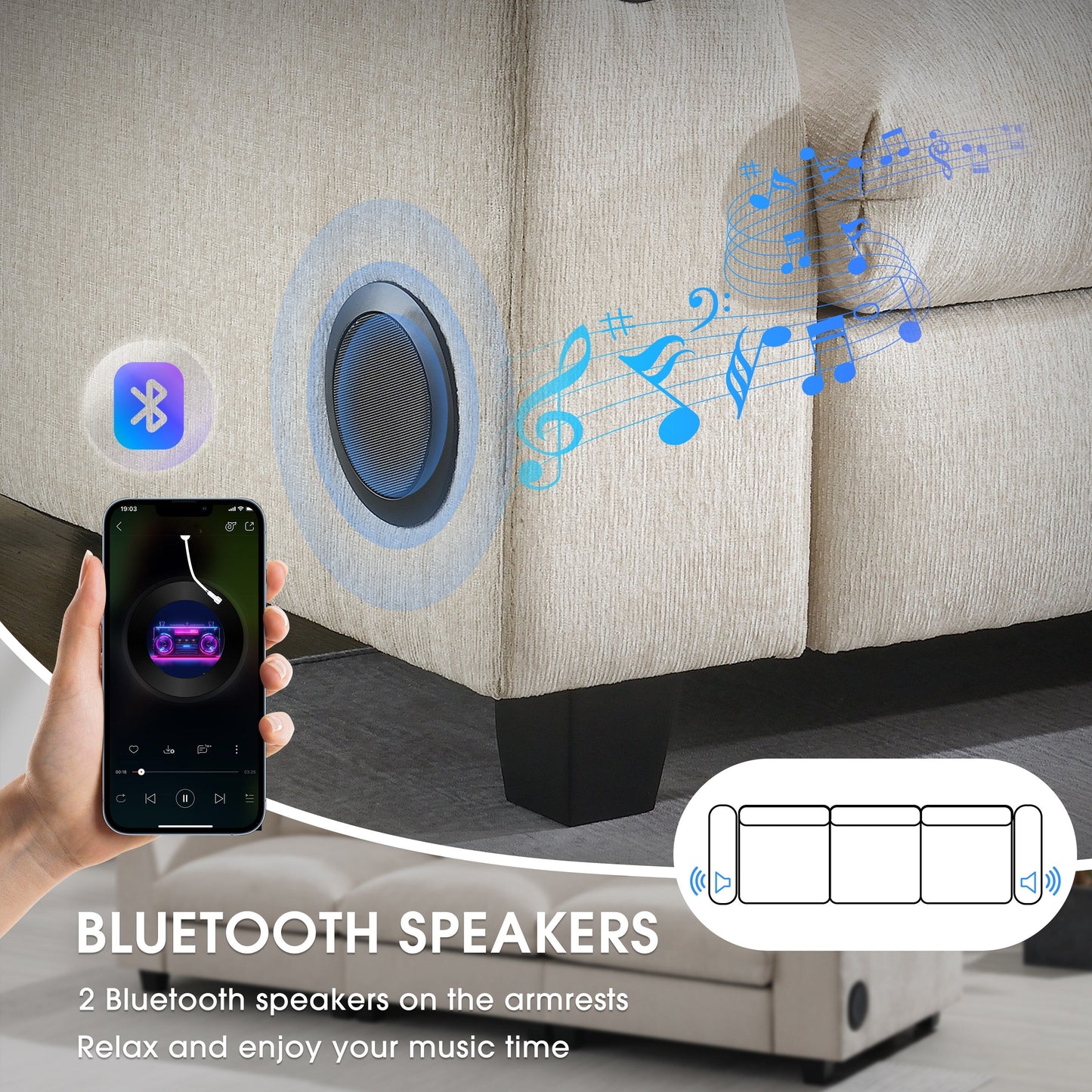 Canapé sectionnel moderne en chenille avec table rabattable, haut-parleurs Bluetooth, chargeur USB, porte-gobelets et rangement dissimulé pour les accoudoirs