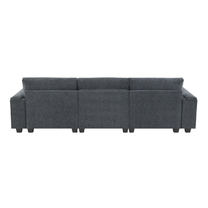 Canapé sectionnel moderne en chenille avec table rabattable, haut-parleurs Bluetooth, chargeur USB, porte-gobelets et rangement dissimulé pour les accoudoirs