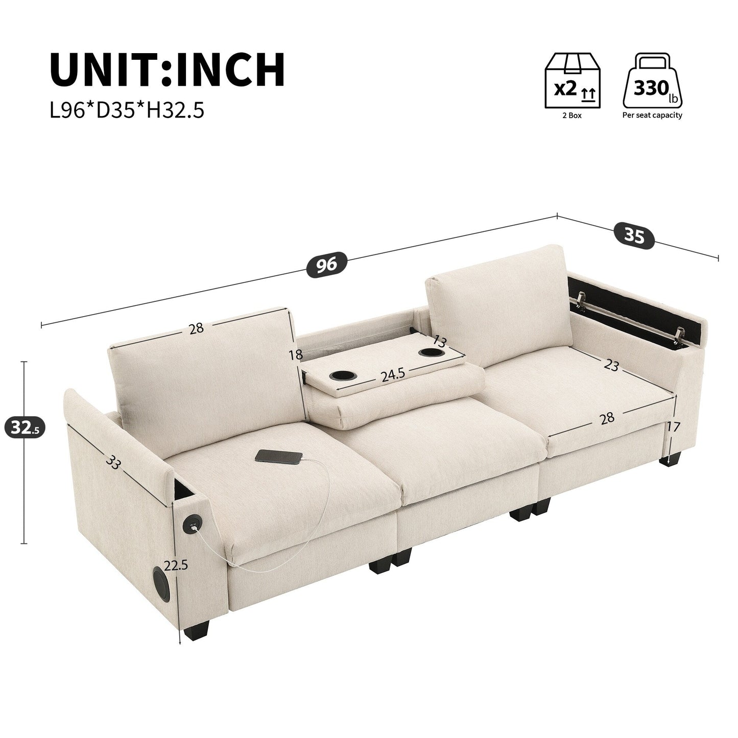 Canapé sectionnel moderne en chenille avec table rabattable, haut-parleurs Bluetooth, chargeur USB, porte-gobelets et rangement dissimulé pour les accoudoirs