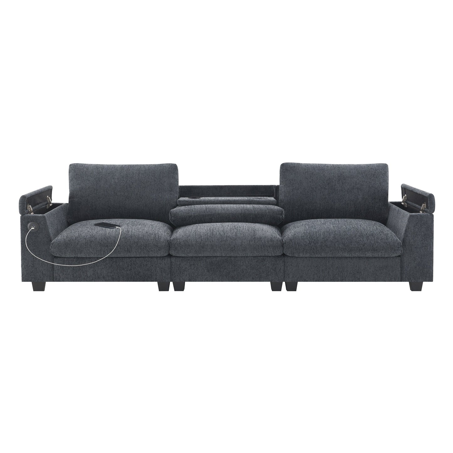Canapé sectionnel moderne en chenille avec table rabattable, haut-parleurs Bluetooth, chargeur USB, porte-gobelets et rangement dissimulé pour les accoudoirs