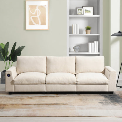 Canapé sectionnel moderne en chenille avec table rabattable, haut-parleurs Bluetooth, chargeur USB, porte-gobelets et rangement dissimulé pour les accoudoirs