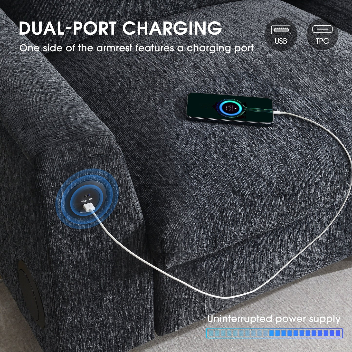 Canapé sectionnel moderne en chenille avec table rabattable, haut-parleurs Bluetooth, chargeur USB, porte-gobelets et rangement dissimulé pour les accoudoirs