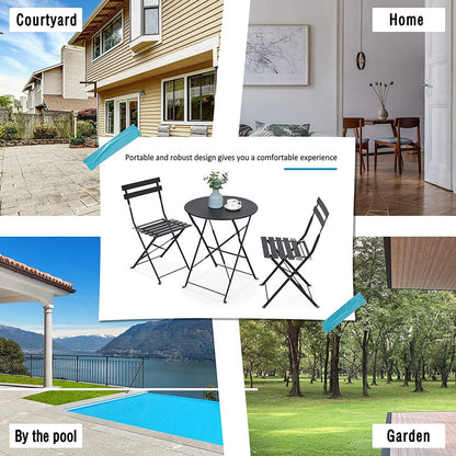 Ensemble bistro pliable en métal 3 pièces, résistant aux intempéries, idéal pour l'intérieur et l'extérieur, avec terrasse, jardin ou cour.