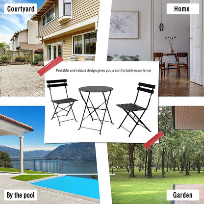 Ensemble bistro pliable en métal 3 pièces, résistant aux intempéries, idéal pour l'intérieur et l'extérieur, avec terrasse, jardin ou cour.