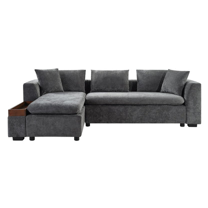 Canapé sectionnel moderne en chenille en forme de L avec compartiment de rangement en bois et coussins assortis pour le salon