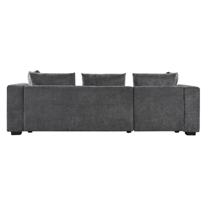 Canapé sectionnel moderne en chenille en forme de L avec compartiment de rangement en bois et coussins assortis pour le salon