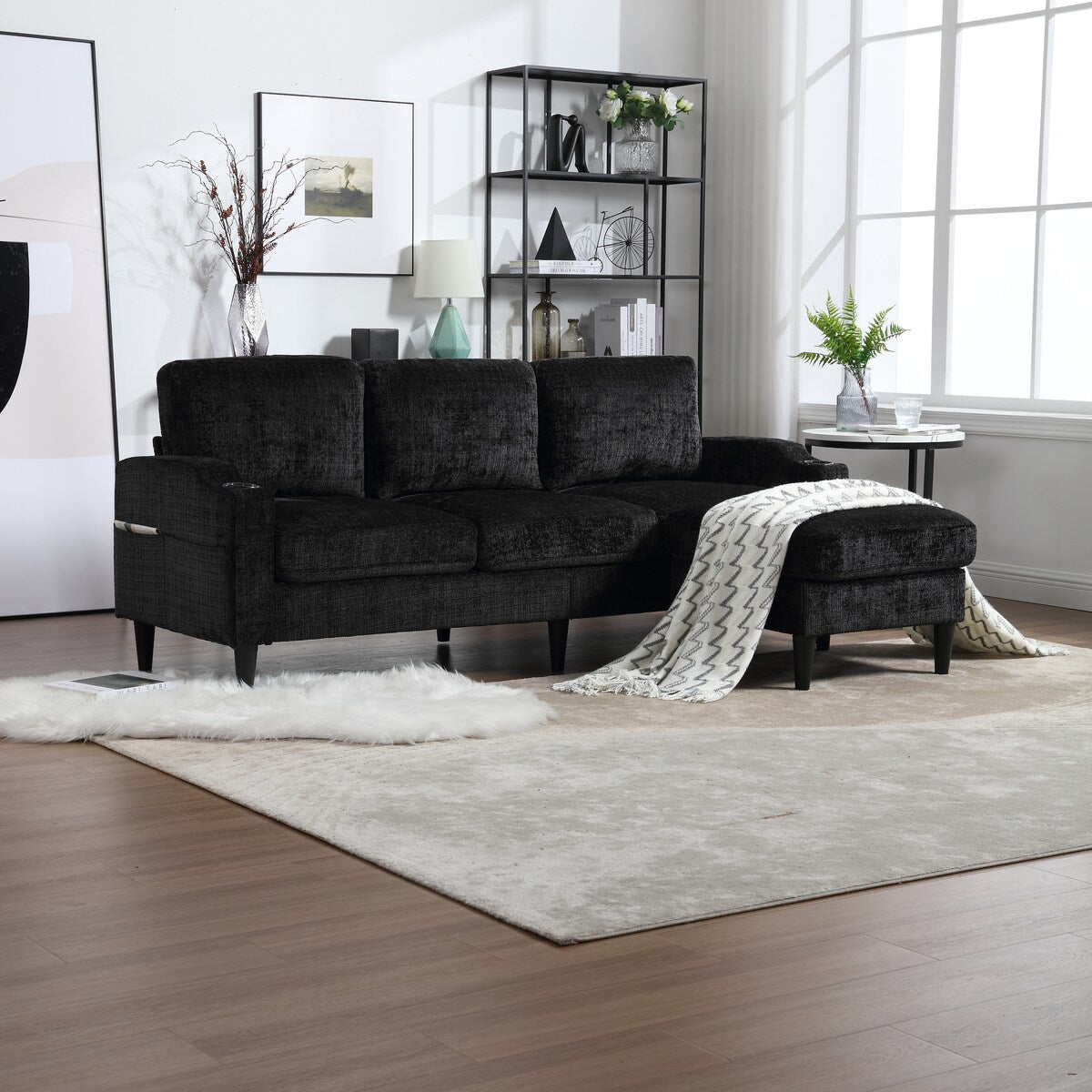 Canapé modulaire moderne en L, 3 places, avec rangement, ottoman, oreillers, porte-gobelets, poches latérales