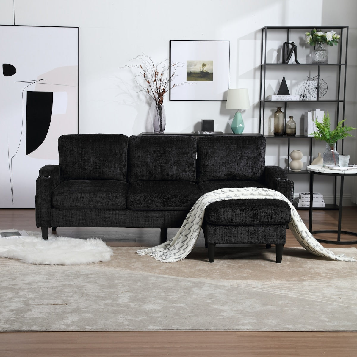 Canapé modulaire moderne en L, 3 places, avec rangement, ottoman, oreillers, porte-gobelets, poches latérales