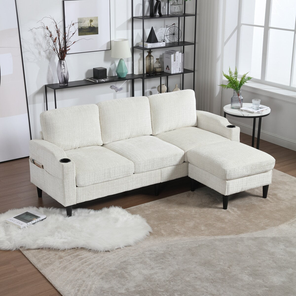 Canapé modulaire moderne en L, 3 places, avec rangement, ottoman, oreillers, porte-gobelets, poches latérales