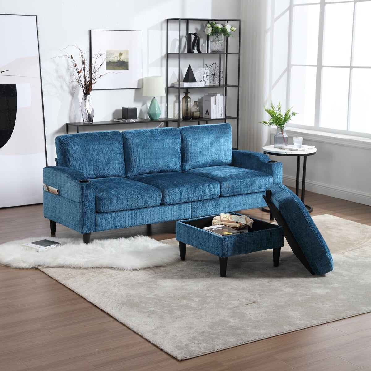 Canapé modulaire moderne en L, 3 places, avec rangement, ottoman, oreillers, porte-gobelets, poches latérales