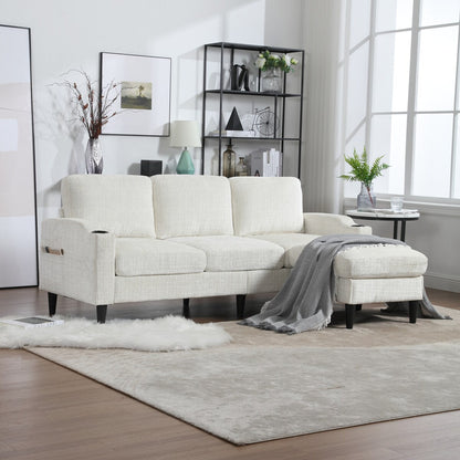 Canapé modulaire moderne en L, 3 places, avec rangement, ottoman, oreillers, porte-gobelets, poches latérales