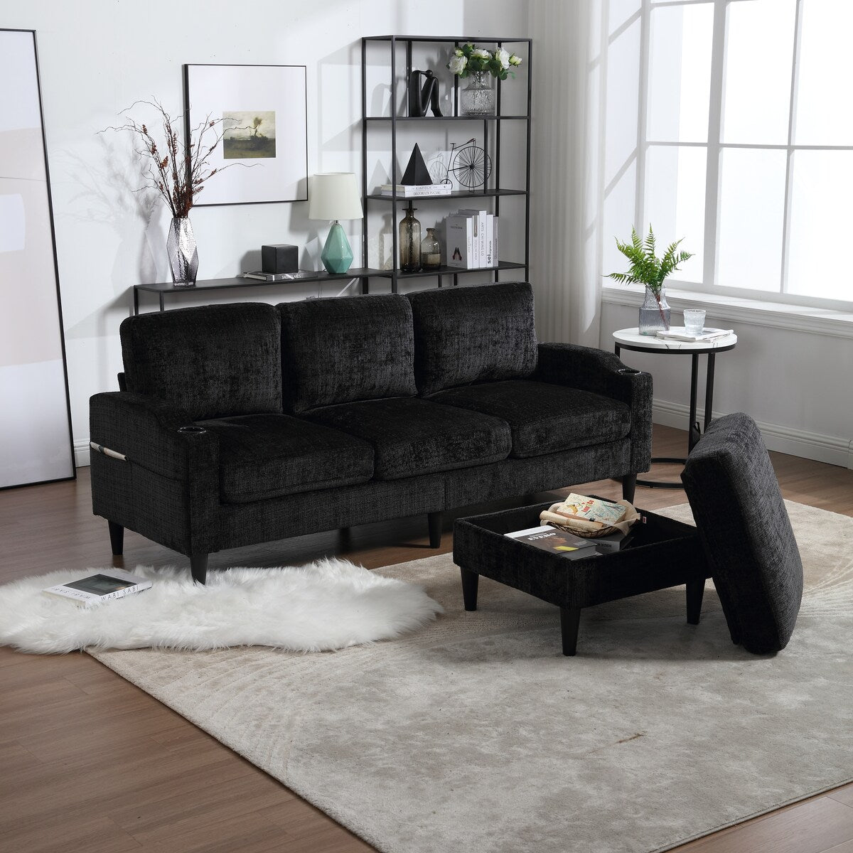 Canapé modulaire moderne en L, 3 places, avec rangement, ottoman, oreillers, porte-gobelets, poches latérales