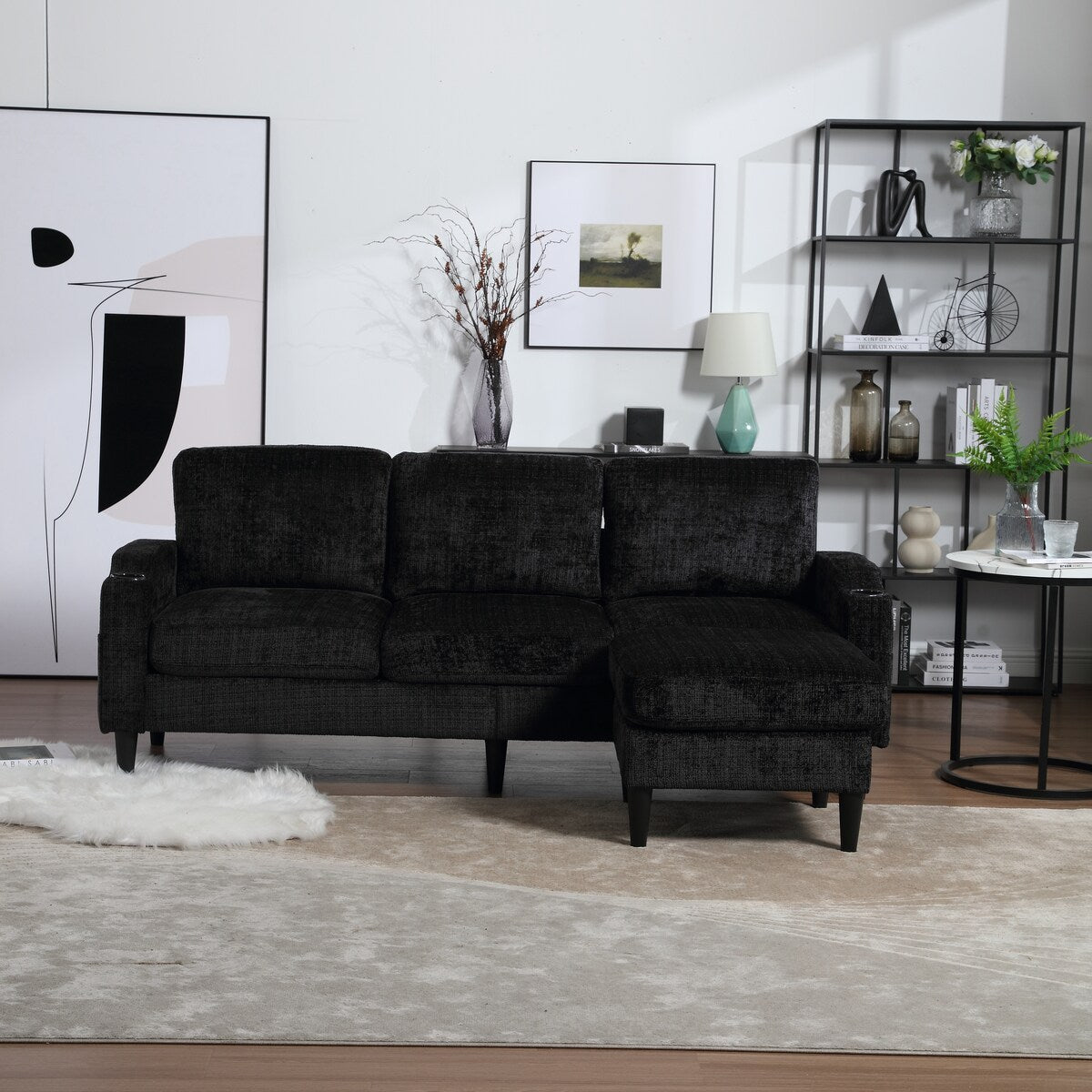 Canapé modulaire moderne en L, 3 places, avec rangement, ottoman, oreillers, porte-gobelets, poches latérales