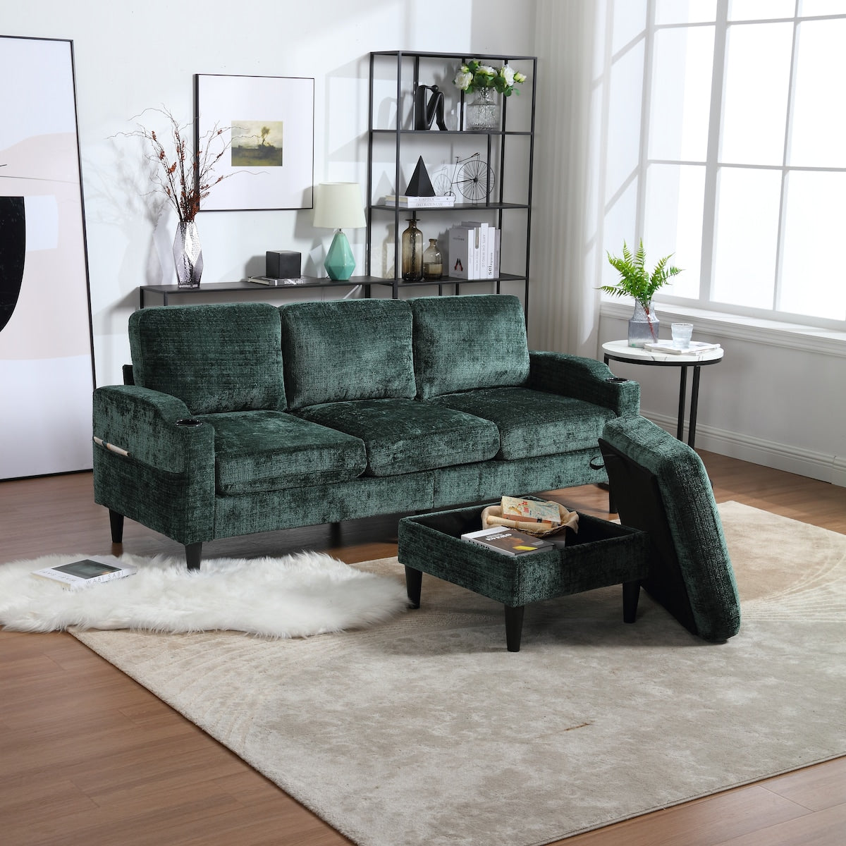 Canapé modulaire moderne en L, 3 places, avec rangement, ottoman, oreillers, porte-gobelets, poches latérales