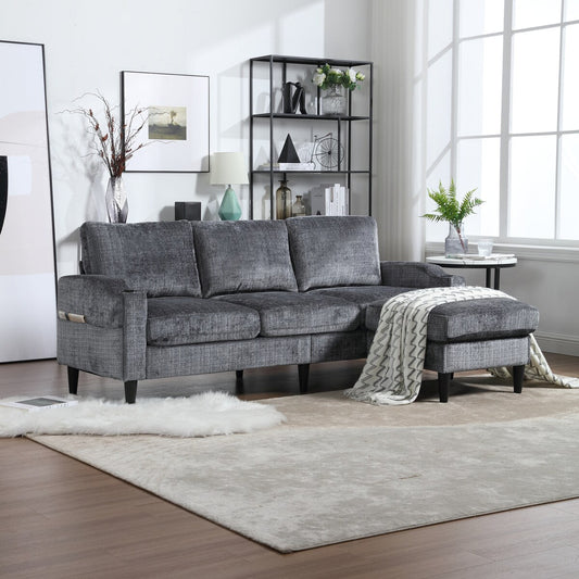 Canapé modulaire moderne en L, 3 places, avec rangement, ottoman, oreillers, porte-gobelets, poches latérales