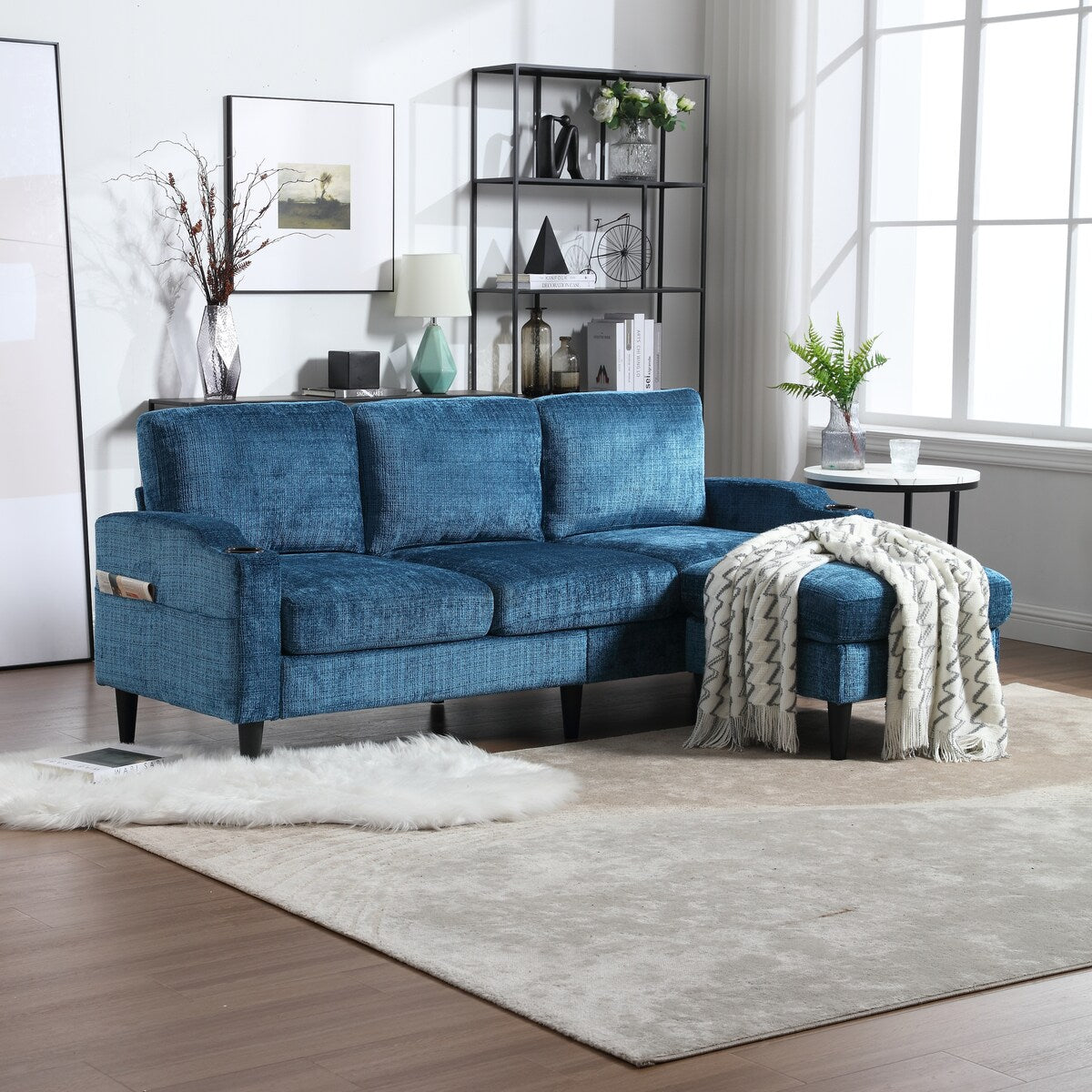 Canapé modulaire moderne en L, 3 places, avec rangement, ottoman, oreillers, porte-gobelets, poches latérales