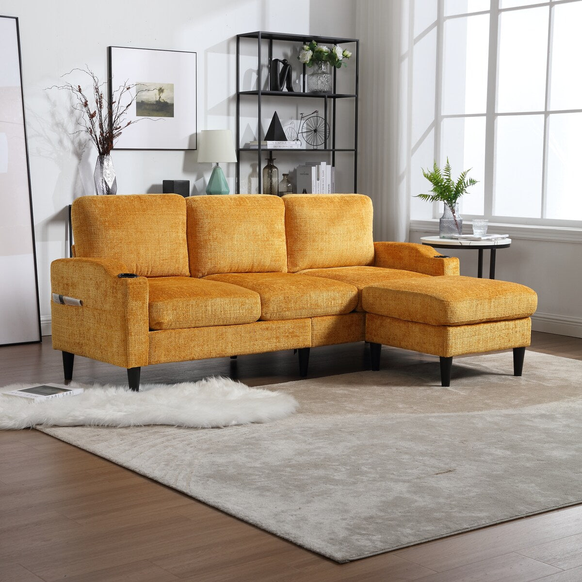 Canapé modulaire moderne en L, 3 places, avec rangement, ottoman, oreillers, porte-gobelets, poches latérales
