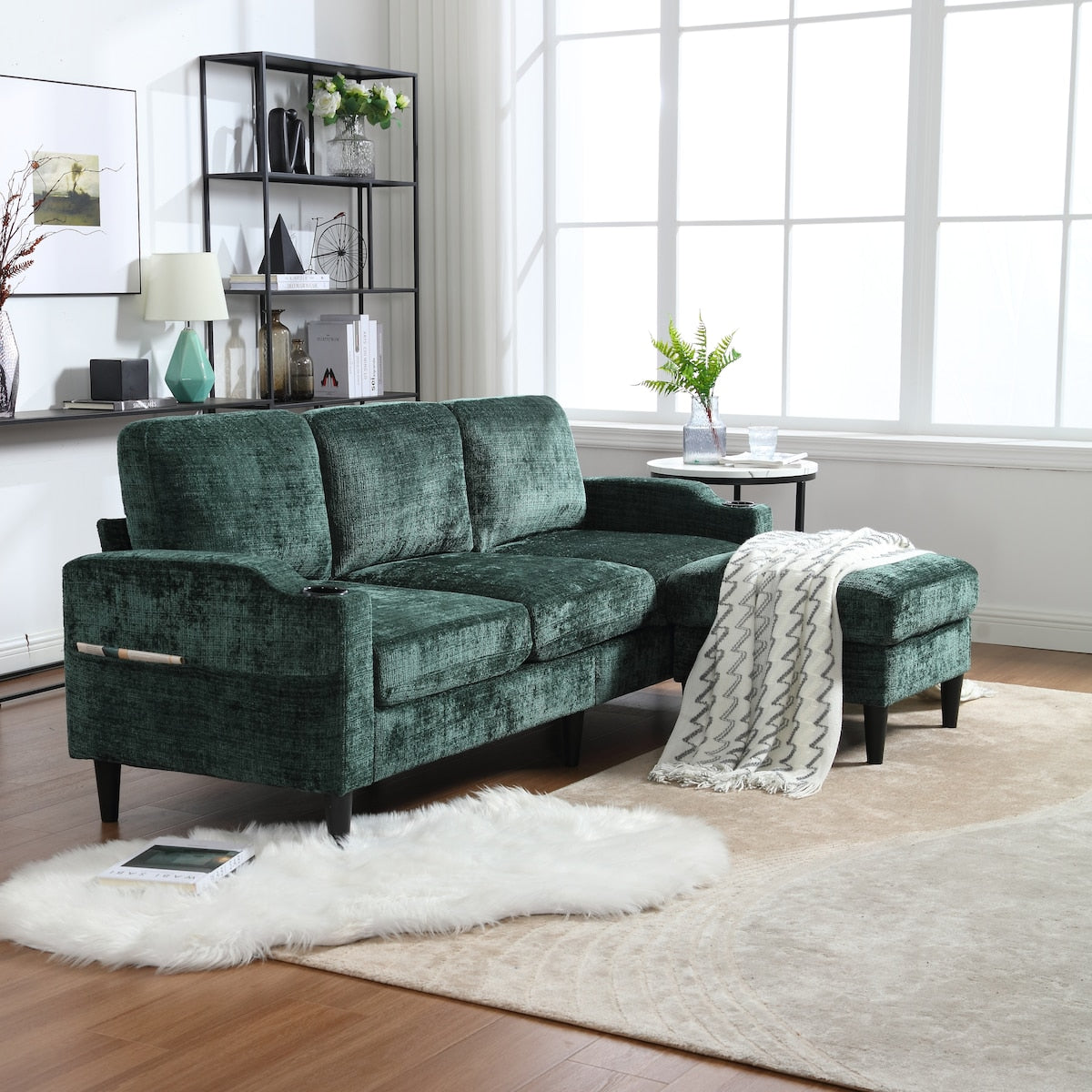 Canapé modulaire moderne en L, 3 places, avec rangement, ottoman, oreillers, porte-gobelets, poches latérales