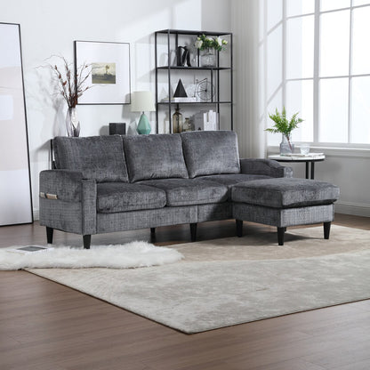 Canapé modulaire moderne en L, 3 places, avec rangement, ottoman, oreillers, porte-gobelets, poches latérales