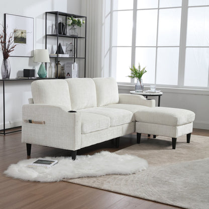Canapé modulaire moderne en L, 3 places, avec rangement, ottoman, oreillers, porte-gobelets, poches latérales