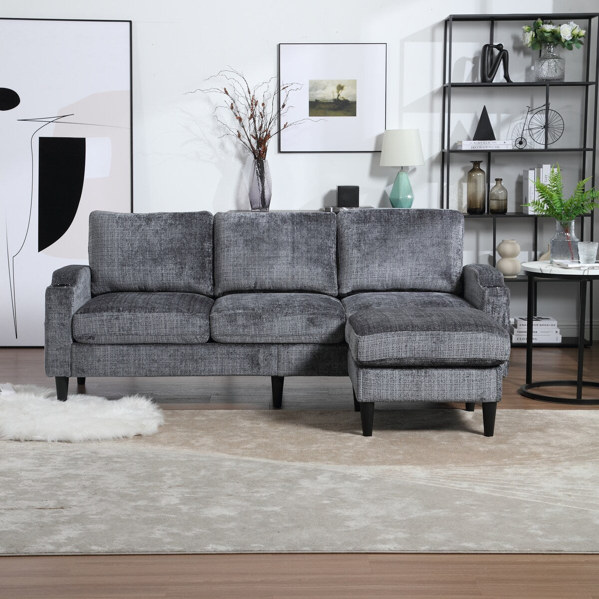 Canapé modulaire moderne en L, 3 places, avec rangement, ottoman, oreillers, porte-gobelets, poches latérales