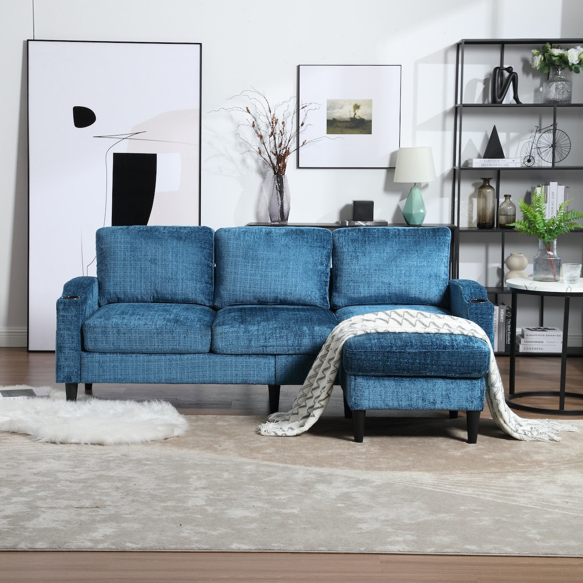 Canapé modulaire moderne en L, 3 places, avec rangement, ottoman, oreillers, porte-gobelets, poches latérales