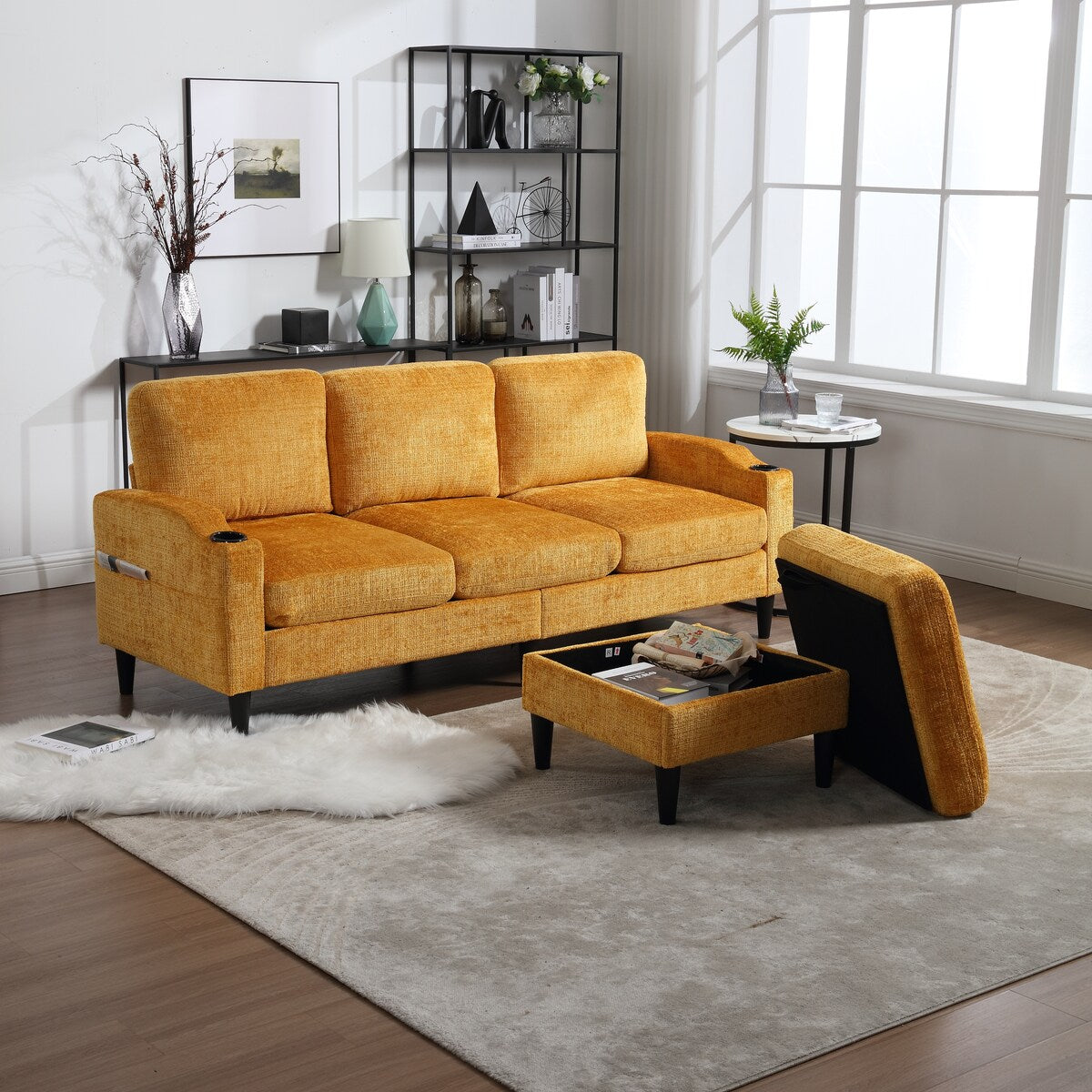 Canapé modulaire moderne en L, 3 places, avec rangement, ottoman, oreillers, porte-gobelets, poches latérales