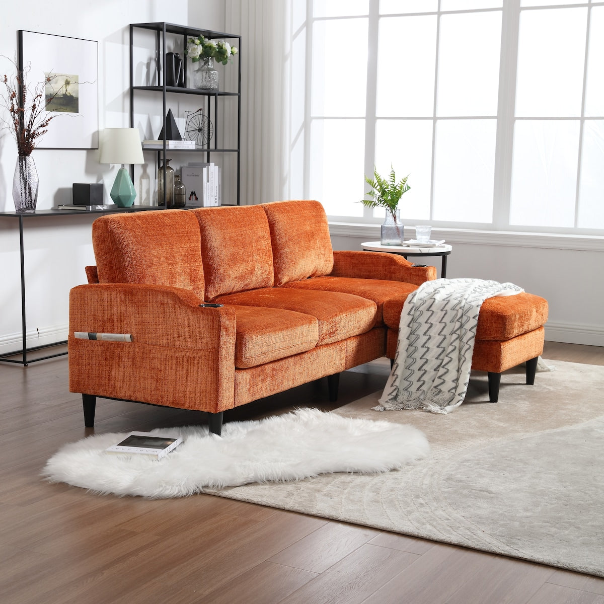 Canapé modulaire moderne en L, 3 places, avec rangement, ottoman, oreillers, porte-gobelets, poches latérales
