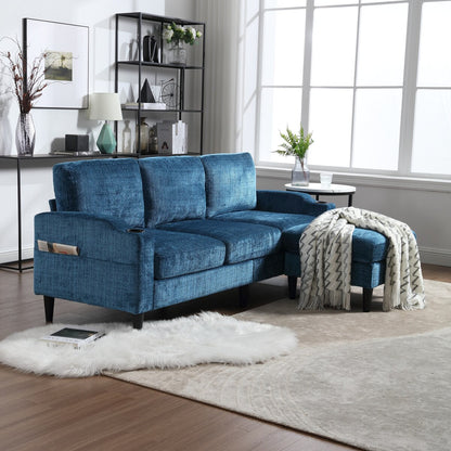 Canapé modulaire moderne en L, 3 places, avec rangement, ottoman, oreillers, porte-gobelets, poches latérales