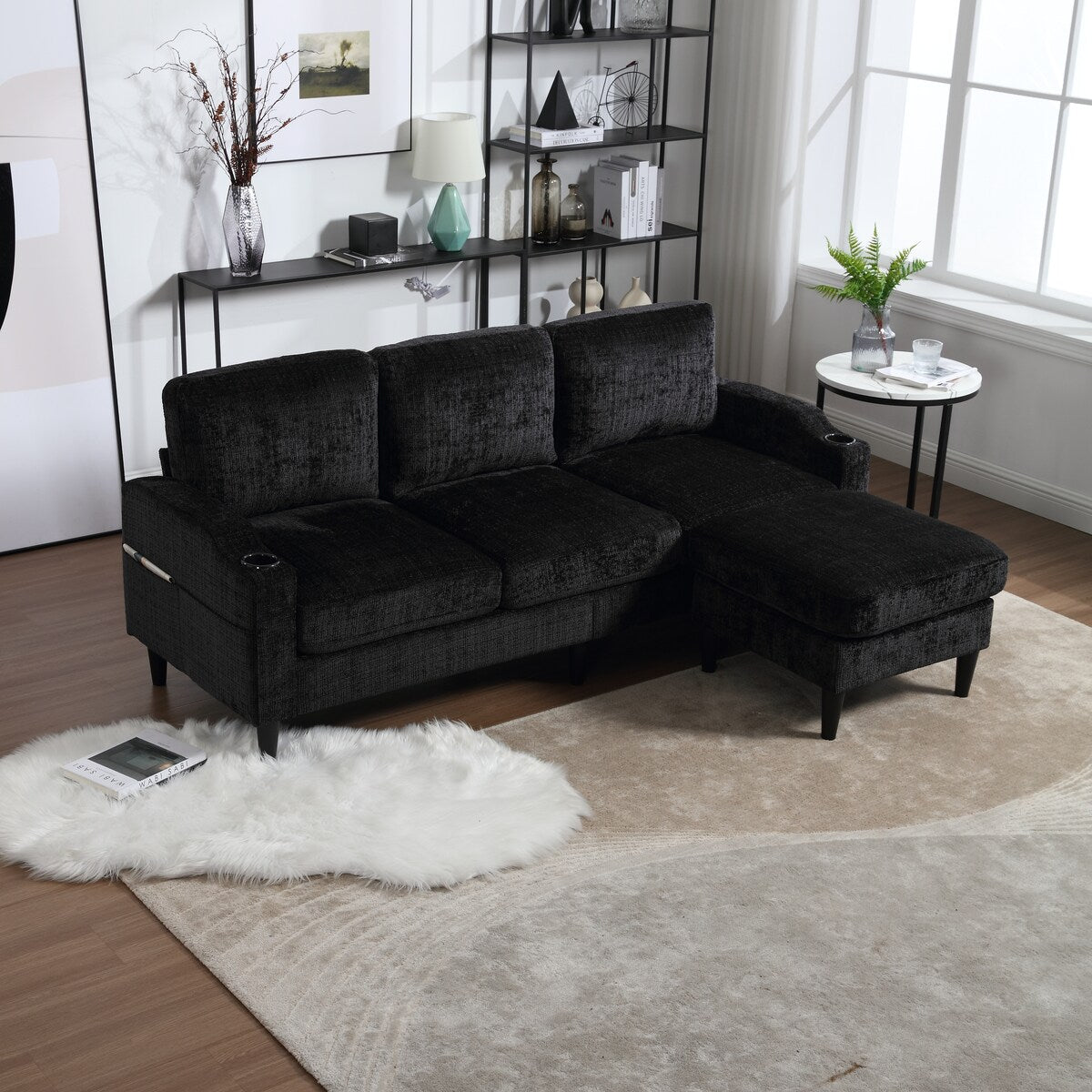 Canapé modulaire moderne en L, 3 places, avec rangement, ottoman, oreillers, porte-gobelets, poches latérales