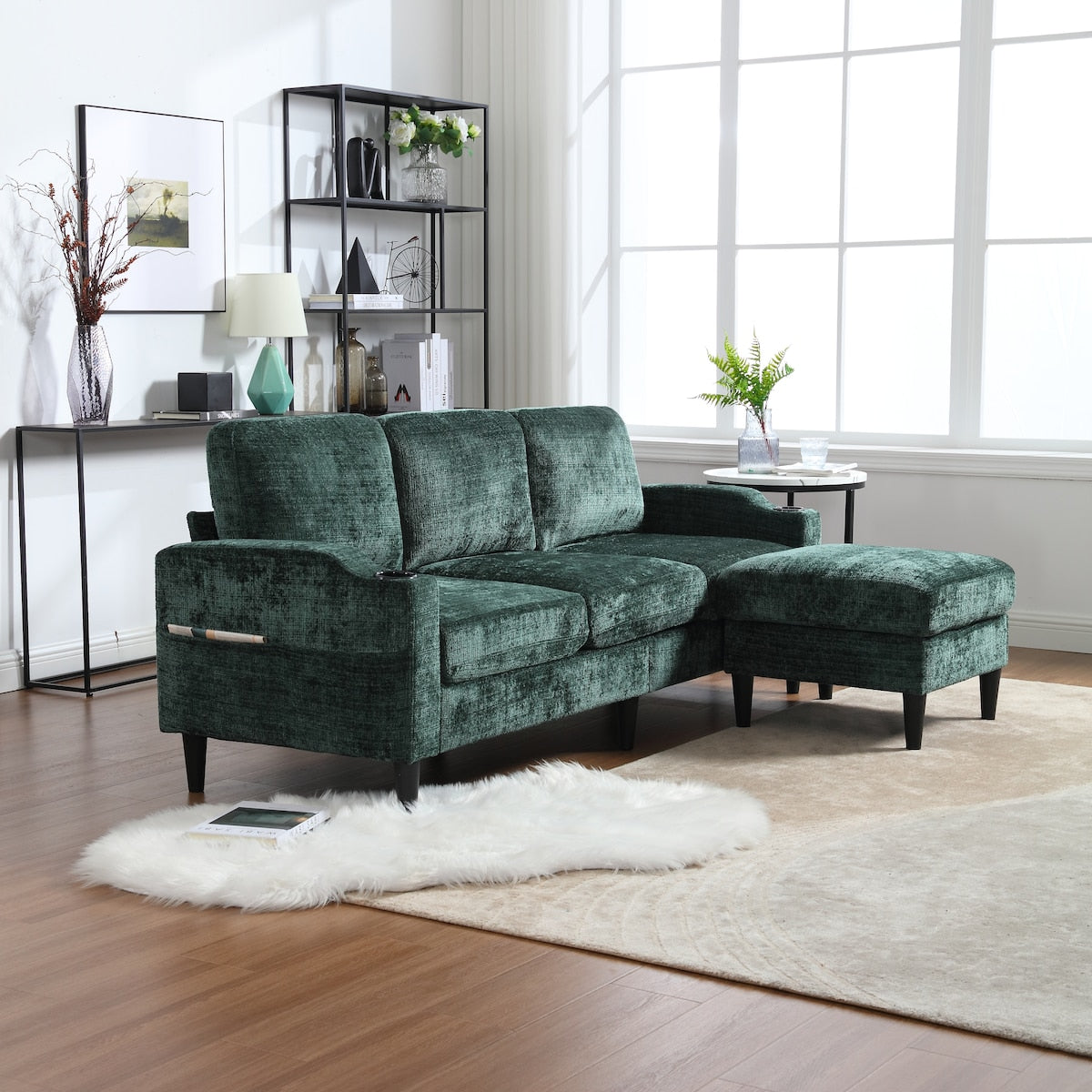 Canapé modulaire moderne en L, 3 places, avec rangement, ottoman, oreillers, porte-gobelets, poches latérales