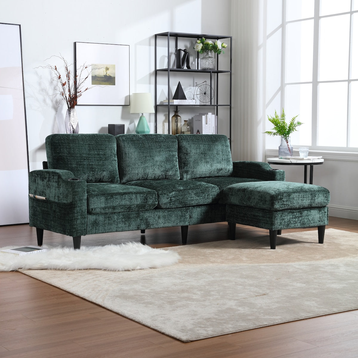 Canapé modulaire moderne en L, 3 places, avec rangement, ottoman, oreillers, porte-gobelets, poches latérales