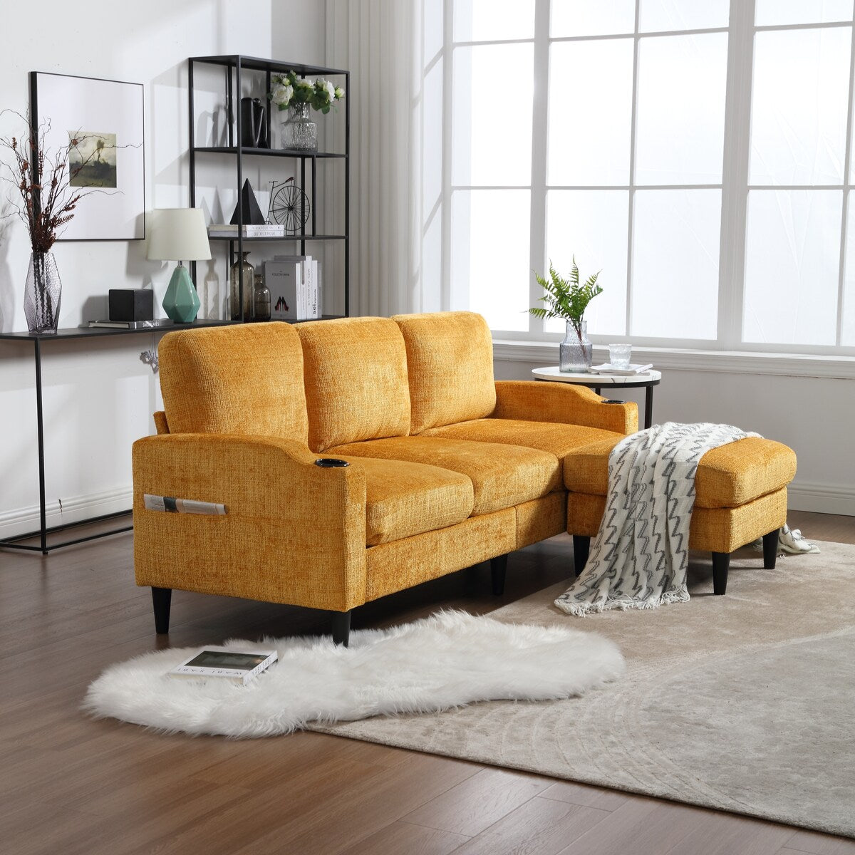 Canapé modulaire moderne en L, 3 places, avec rangement, ottoman, oreillers, porte-gobelets, poches latérales