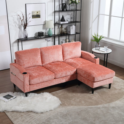 Canapé modulaire moderne en L, 3 places, avec rangement, ottoman, oreillers, porte-gobelets, poches latérales
