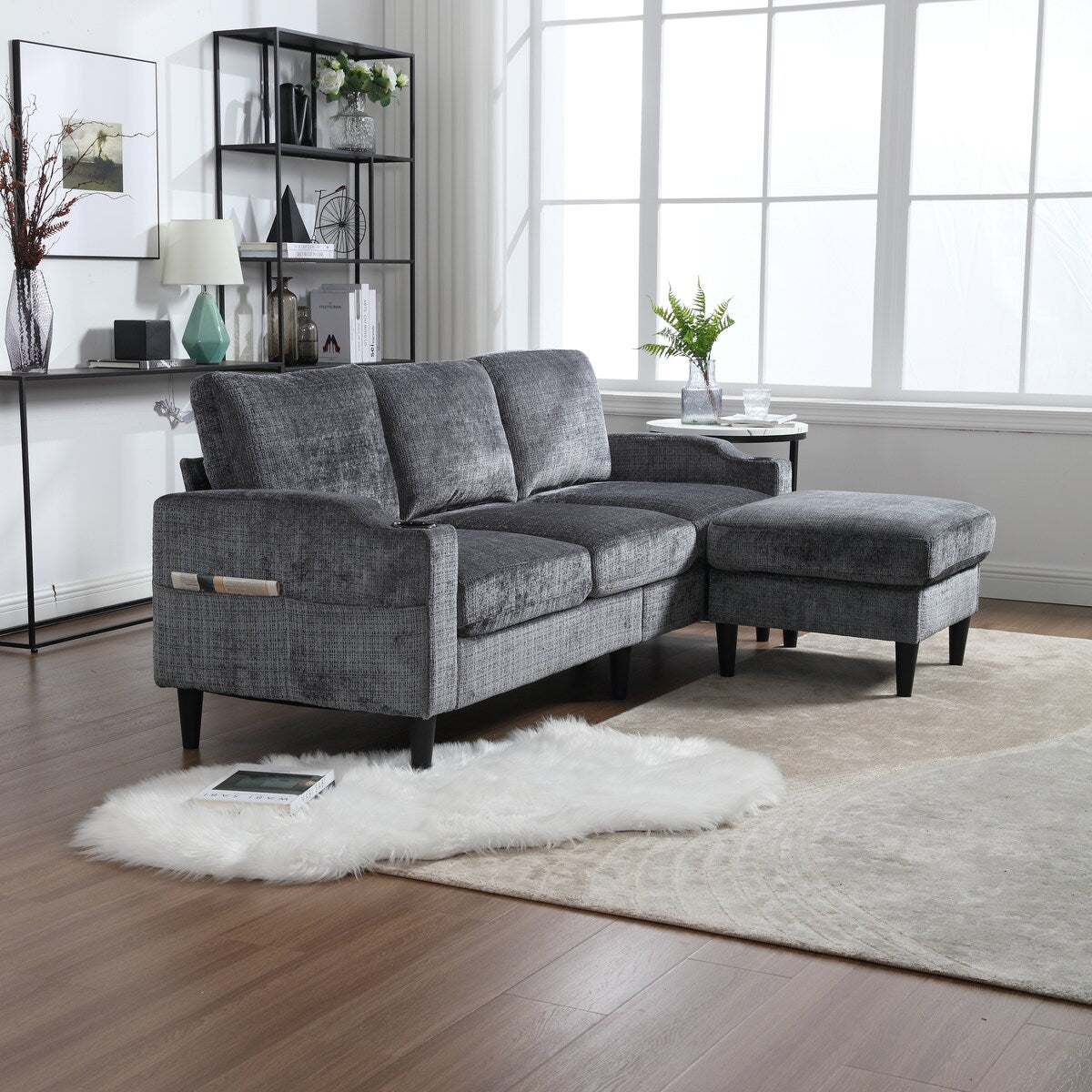 Canapé modulaire moderne en L, 3 places, avec rangement, ottoman, oreillers, porte-gobelets, poches latérales