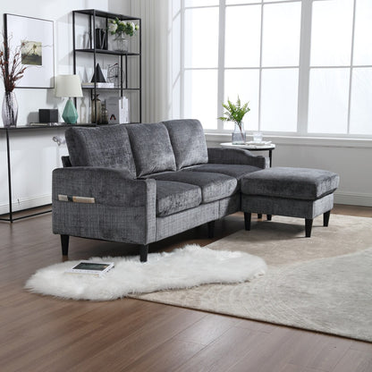 Canapé modulaire moderne en L, 3 places, avec rangement, ottoman, oreillers, porte-gobelets, poches latérales