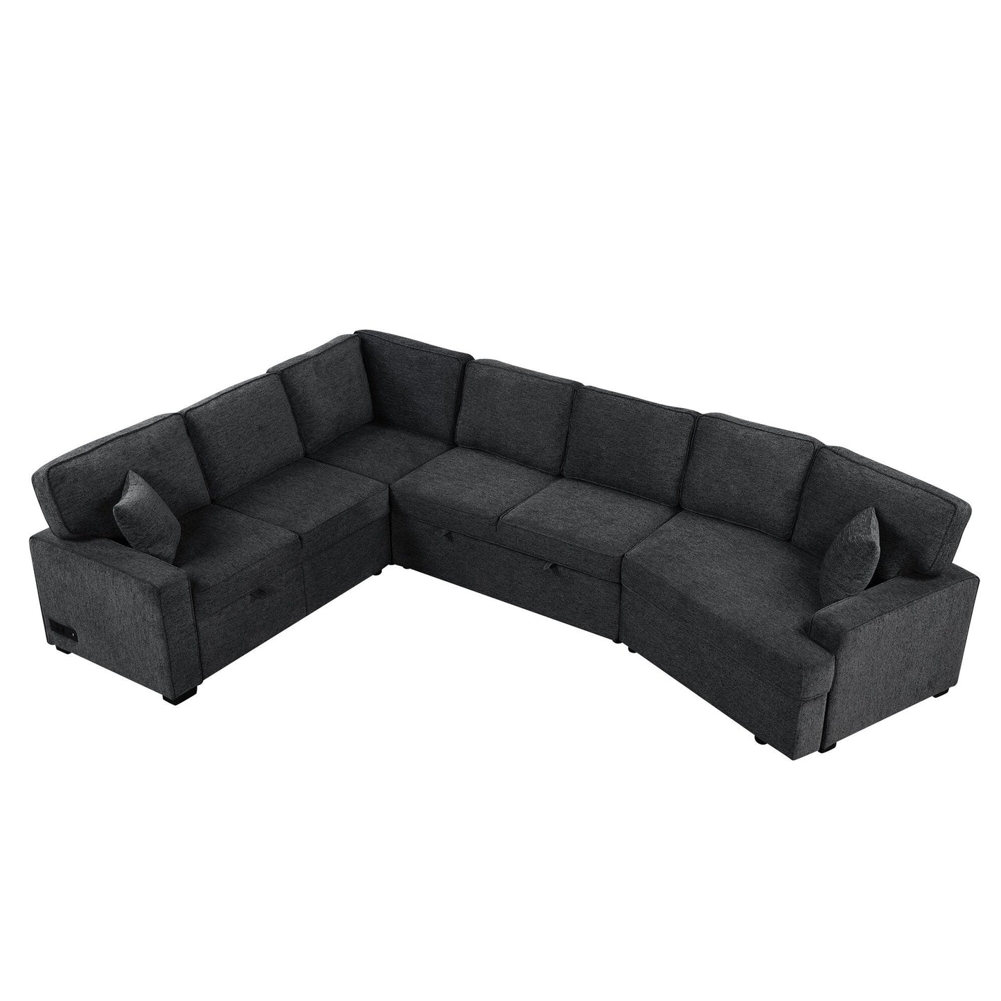 Canapé sectionnel moderne en L avec lit gigogne, ports USB et tables rabattables pour porte-gobelets pour salon